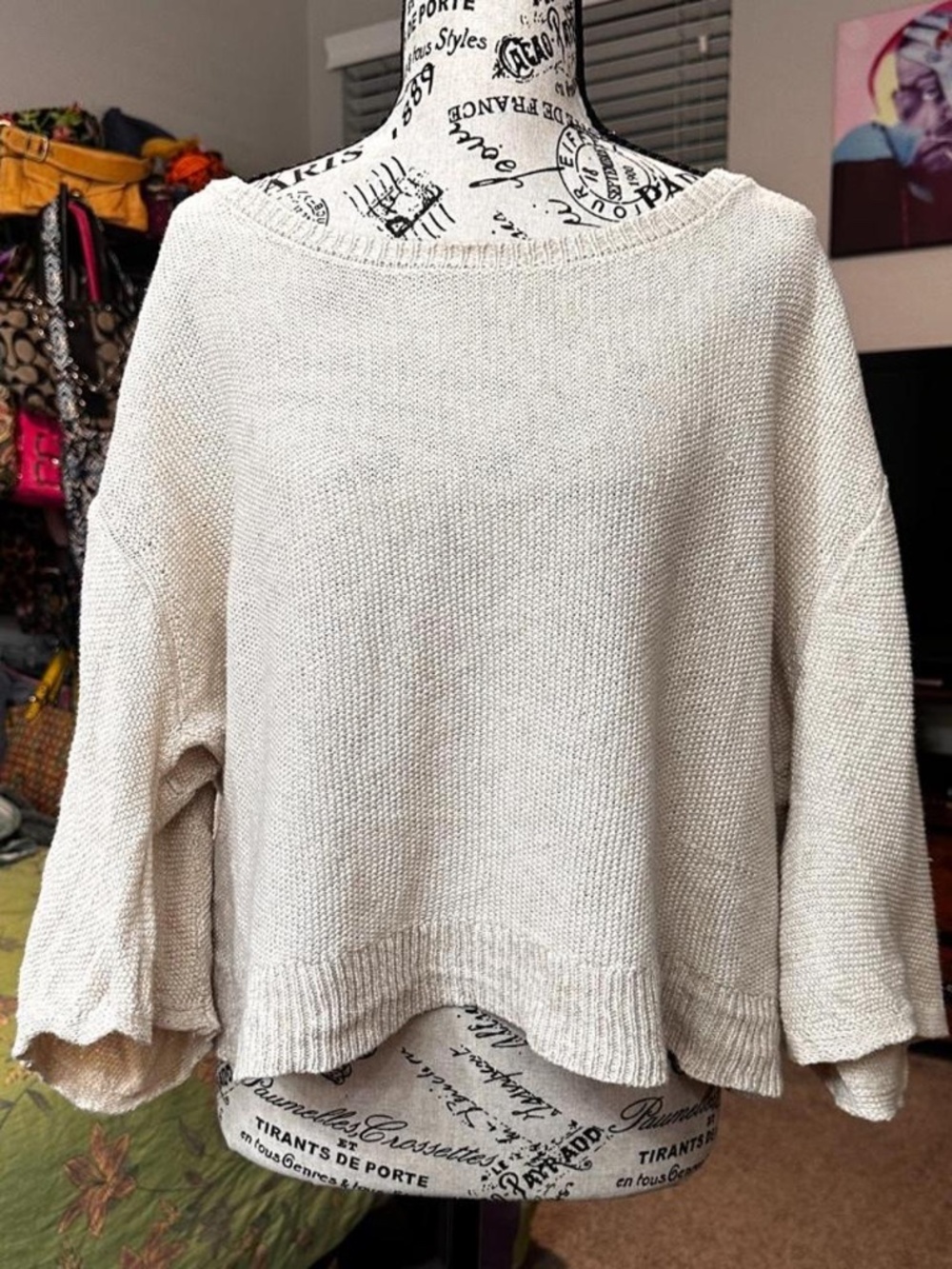Vintage Free People cream knit off the shoulder sweater with semi open back